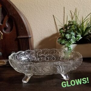 Vintage EAPG Model Flint Glass Oval Footed Serving‎ Bowl Leaf Pattern Glows